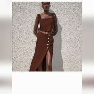 ZARA LINEN BLEND BROWN MIDI SKIRT WITH BUTTONS